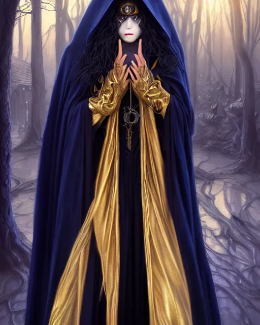 Image similar to wizard the sandman, long black hair blue wearing cloth mantle gothic navy cloak with gold details, tree town, fantasy character portrait, ultra realistic, intricate, elegant, cinematic lighting, highly detailed, digital painting, artstation, smooth, sharp, focus, illustration, art by artgerm and greg rutkowski and alphonse mucha