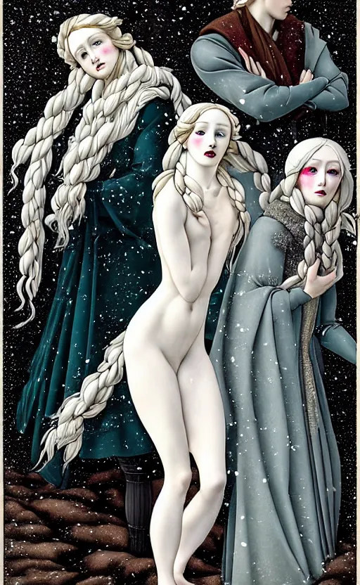 Prompt: allegory of Winter, as 3 figures, (Representing the 3 months of December, January, and February), in a mixed style of Botticelli and Æon Flux, inspired by pre-raphaelite paintings, shoujo manga, and Harajuku street fashion, sparse frozen landscape, dark and moody colors, hyper detailed, stunning inking lines, dramatic lighting, 4K photorealistic