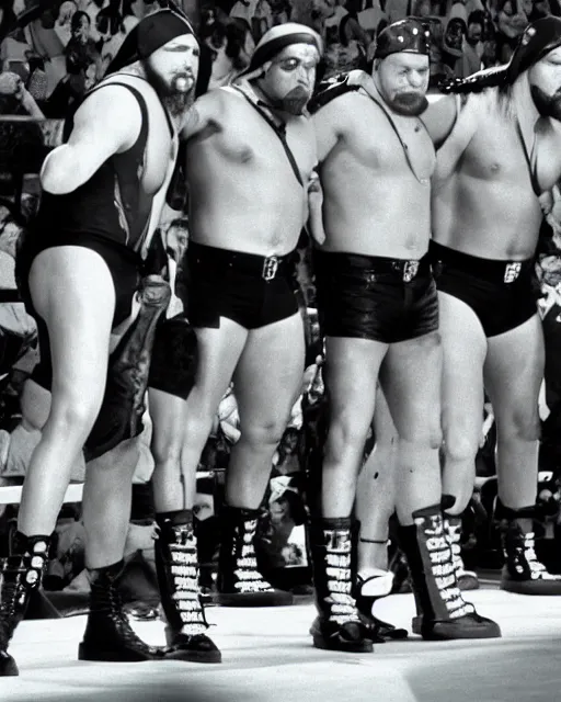 Prompt: Jay and Silent Bob Vs The Road Warriors Vs NWA for the WCW world tag team titles at Bash at the Beach 1989