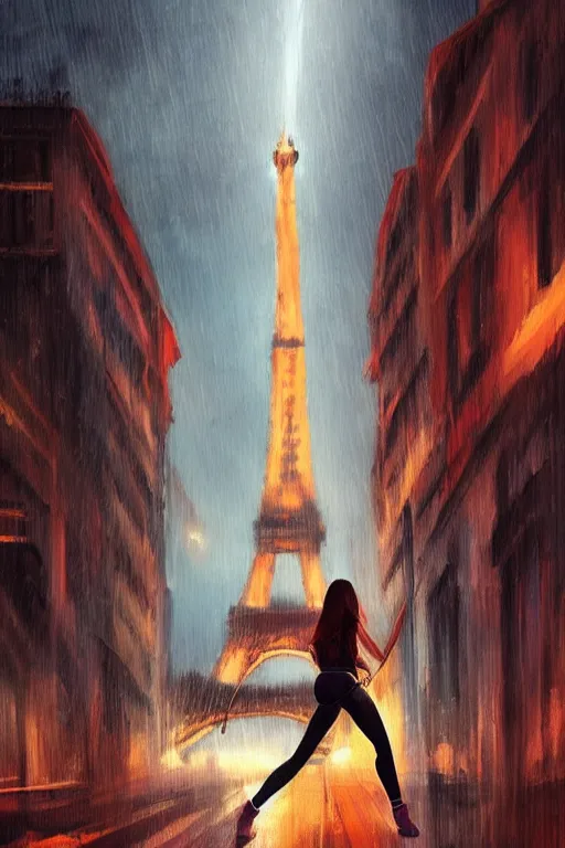 Image similar to hispanic female teen climbing the Eiffel Tower at night, downpour, action scene, artstation, concept art, smooth, sharp focus, art by artgerm