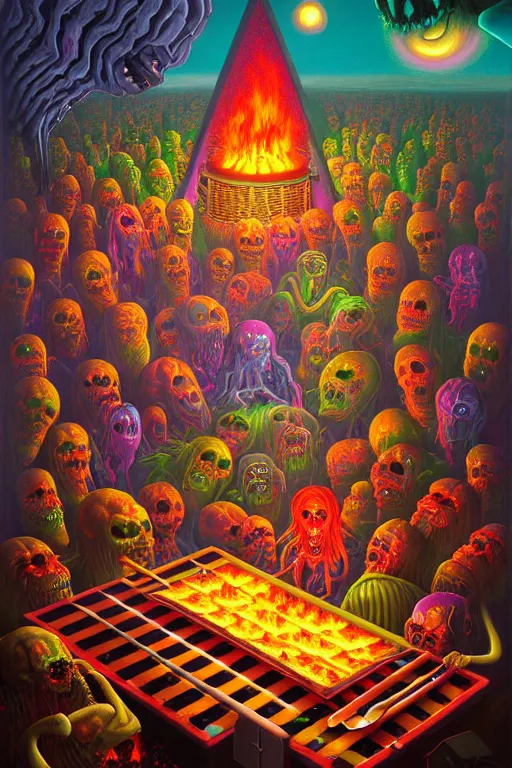 Prompt: a photorealistic painting of an isometric nightmare at the bbq horror by johfra bosschart, lisa frank, dark fantasy art, high detail, trending on artstation