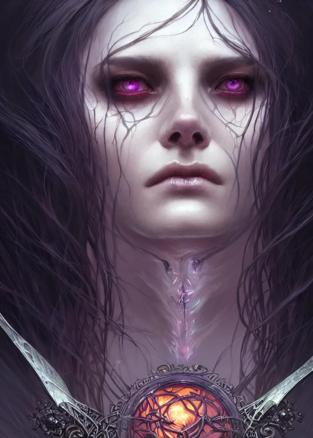 Image similar to Necromancer Sorceress face close-up macro in center, fantasy magic, undercut hairstyle, dark light night, intricate, elegant, sharp focus, illustration, highly detailed, digital painting, concept art, matte, art by WLOP and Artgerm and Greg Rutkowski and Alphonse Mucha, masterpiece