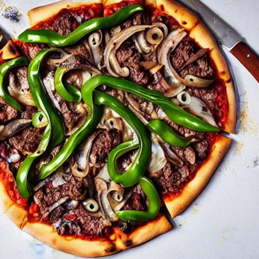 Image similar to a pizza topped with liver, onions, green peppers, anchovies, mushrooms