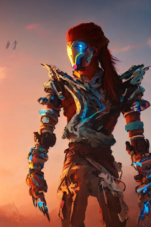 Image similar to combination suit armor aloy horizon forbidden west horizon zero dawn radiating a glowing aura global illumination ray tracing hdr fanart arstation by ian pesty and alena aenami artworks in 4 k tribal robot ninja mask helmet backpack