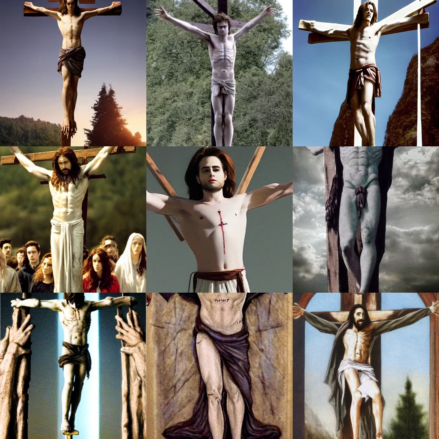 Prompt: edward cullen as jesus being crucified, edward cullen face, crucifixion