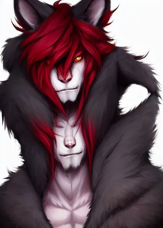 Image similar to character concept art of a black anthropomorphic male furry wolf long red hair | | cute - fine - face, pretty face, key visual, realistic shaded perfect face, fine details by stanley artgerm lau, wlop, rossdraws, james jean, andrei riabovitchev, marc simonetti, and sakimichan, trending on artstation