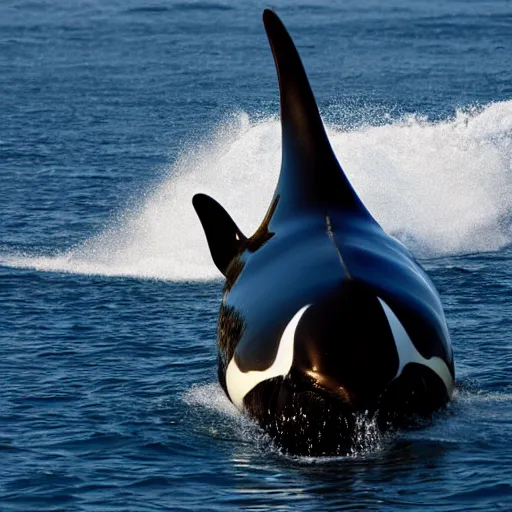 Image similar to an orca whale turned into a dog, half orca whale half dog, hybrid animal, 8 k photograph, orca whale head, dog body, national geographic photo