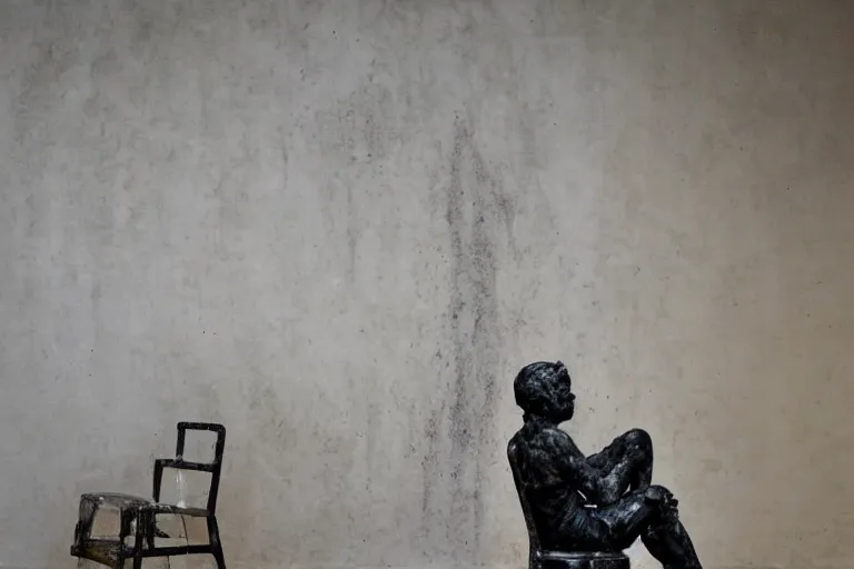 Image similar to a sculpture of a person sitting on a chair, a white marble sculpture covered with floating wax by nicola samori, behance, neo - expressionism, marble sculpture, apocalypse art, made of mist