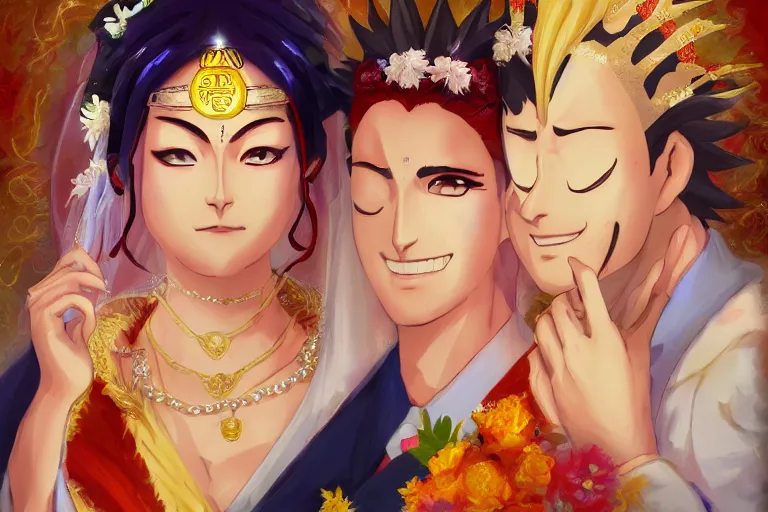 Image similar to a cinematic portrait of wedding photograph jpeg close up moment of a divine a japan sun god and moon goddess lovers magician at a wedding banquet. portraiture. digital painting. artstation. concept art. wedding photo. digital painting. naruto the movie art masterpiece by art by krenz cushart