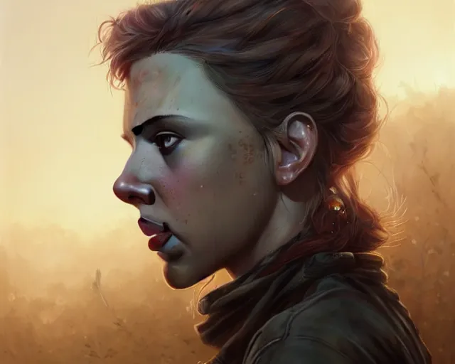 Image similar to highly detailed portrait of scarlett johansson, in the walking dead, stephen bliss, unreal engine, fantasy art by greg rutkowski, loish, rhads, ferdinand knab, makoto shinkai and lois van baarle, ilya kuvshinov, rossdraws, tom bagshaw, global illumination, radiant light, detailed and intricate environment