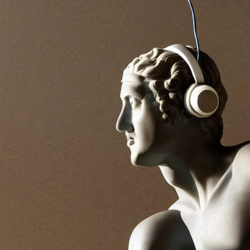Prompt: greek statue listening to music on headphones