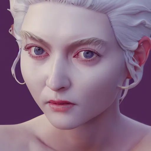 Image similar to 3 d render, hyper detailed, realistic female face and shoulders as a painted porcelain statue, white hair, fine facial features, white eyes and eyelashes, 8 k, 1 5 0 ml lens, elegant, white background, octane render, volumetric lighting, by carlos ortega elizalde and yomagick and ahmed emad eldin