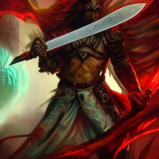 Image similar to Fantasy digital art for magic the gathering card, a close-up shot of a sword with a gun as the hilt currently across the back of a cowboy, red in the background with images of battle all around