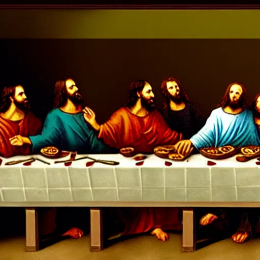 Prompt: the last supper painting, but with aliens, eating alien food