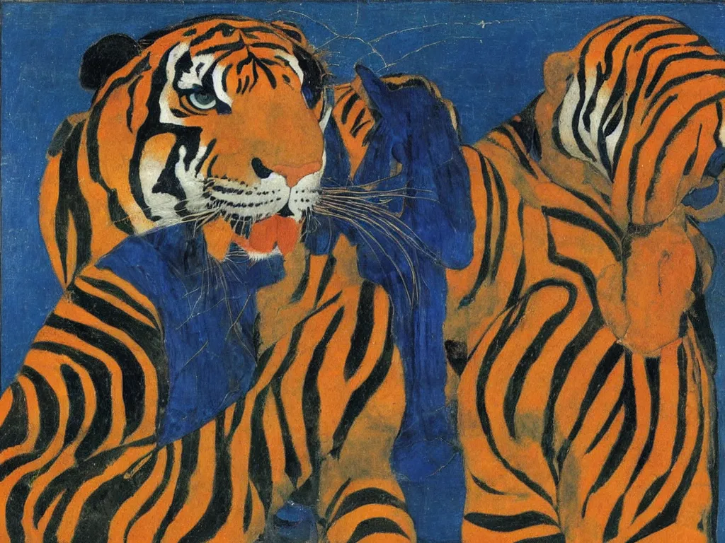 Image similar to portrait of a tiger. lapis lazuli, malachite, cinnabar, gold. painting by piero della francesca, balthus, agnes pelton