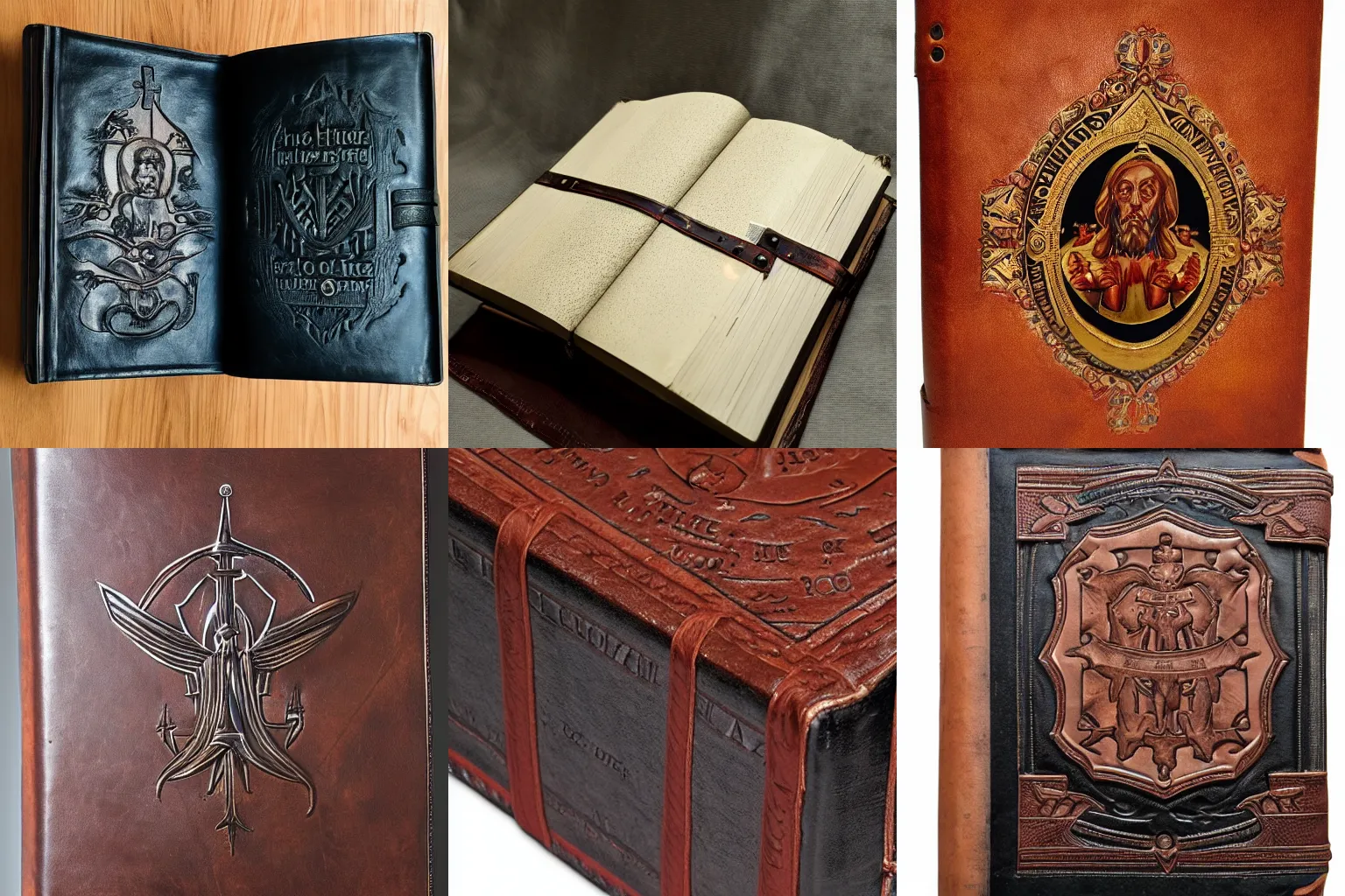 Prompt: a holy book bound in leather written by aliens