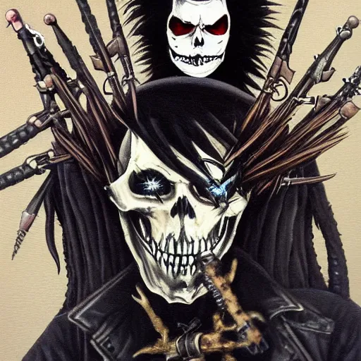 Prompt: a portrait of the grim reaper as a punk rocker, punk, skeleton face, mohawk, dark, fantasy, leather jackets, spiked collars, spiked wristbands, piercings, boots, electric guitars, motorcycles, ultrafine detailed painting by frank frazetta and vito acconci and takeshi obata, death note style, detailed painting