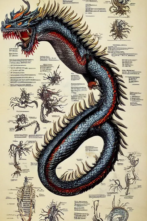 Image similar to anatomical encyclopedia illustration of a chinese dragon, photorealistic, diagram, intricate details