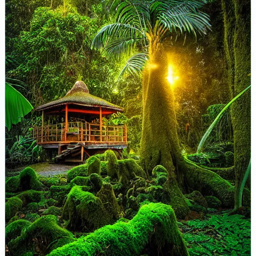 Image similar to a jungle temple surrounded by moss and tropical flowers, with a sunset, by alex horley, bokeh photography