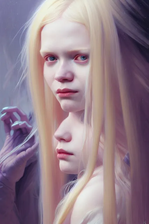 Prompt: Close-up portrait of young albino girl, long blonde hair, dark fantasy, portrait, highly detailed, digital painting, artstation, concept art, sharp focus, illustration, art by artgerm and greg rutkowski and alphonse mucha