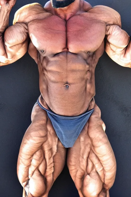 Image similar to a pug with giga chad hyper muscular super masculine body builder physique, we see them from head to toe, extremely exaggerated omega chad muscles, high resolution photo