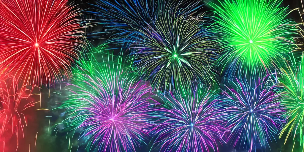 Image similar to muted rgb fireworks bursting in the sky form patterns to look like baby yoda but they're fireworks. 8 k, 4 k, hq, 3 d render, digital art, dramatic lighting, comedy, science fiction, hyper realistic, ultra detailed.