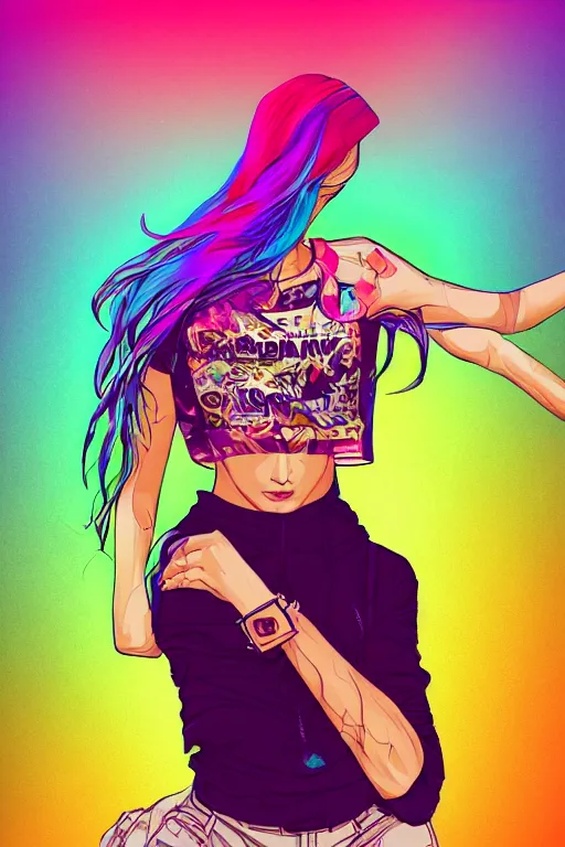 Image similar to a award winning half body portrait of a beautiful woman with stunning eyes in a printed croptop and cargo pants with rainbow colored ombre hairstyle head in motion and hair flying by josan gonzales, outrun, vaporware, shaded flat illustration, digital art, trending on artstation, highly detailed, fine detail, intricate