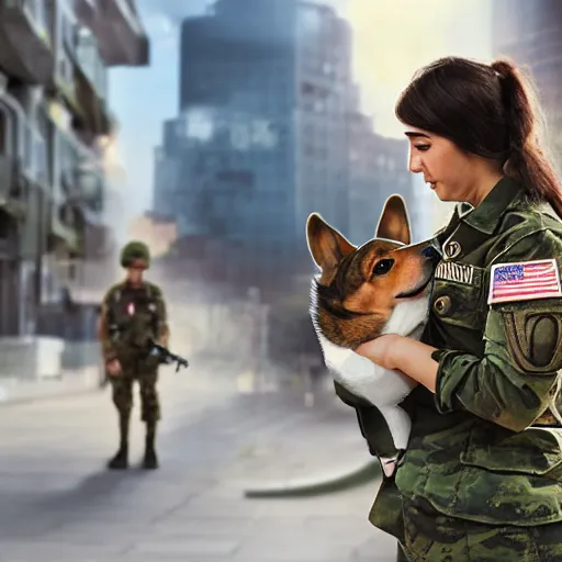 Prompt: female soldier with corgi sniffer dog in sci-fi city, digital art