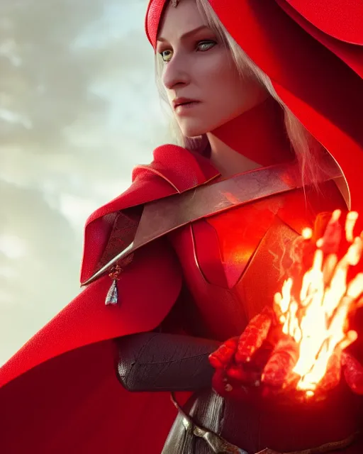 Prompt: close up character portrait of a female elf priest in a scale mail and a red cape casting a fire spell in a shape of a dragon, by greg rutkowski, trending on artstation, unreal engine 4 k, 8 0 mm, 8 5 mm, cinematic wallpaper