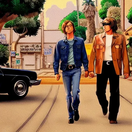 Image similar to anime still of once upon a time in hollywood art by Dice Tsutsumi, Makoto Shinkai, Studio Ghibli!!!!, Studio ghibli art style, art by Dice Tsutsumi, Makoto Shinkai, Studio Ghibli!!!!