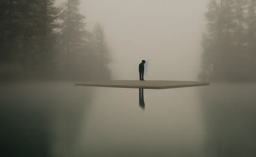 Image similar to cinematic shot of a lonely man at a suicide lake, moody scene from being john malcovich directed by charlie kaufman ( 2 0 0 1 ), foggy volumetric light morning, anamorphic lenses, kodak color film stock