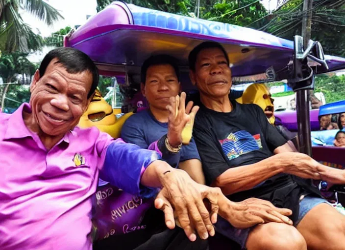 Prompt: rodrigo duterte and thanos riding a jeepney, real life photograph, award winning photograph, 4 k