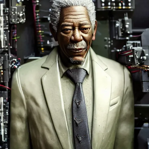 Image similar to animatronic Morgan Freeman, exposed wires, photo, Stan Winston studios, detailed, 4k