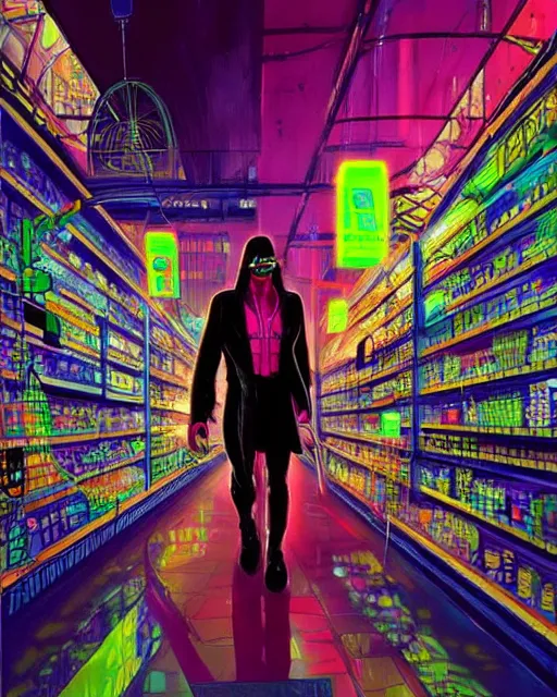 Prompt: cyberpunk man shopping at a neon soaked grocery store, science fiction painting, elegant intricate digital painting artstation, art by salvador dali, detailed