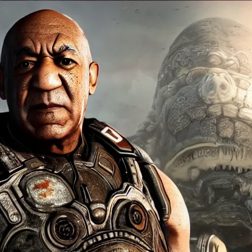 Prompt: asian bill cosby in gears of war, splash art, movie still, detailed face, photorealistic facial features, cinematic lighting, dramatic, octane render, long lens, shallow depth of field, bokeh, anamorphic lens flare, 8 k, hyper detailed, 3 5 mm film grain