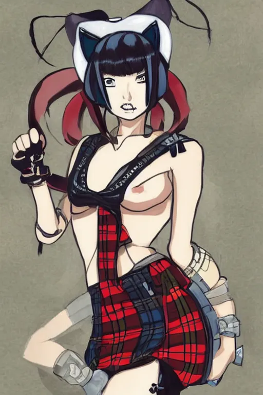 Prompt: Beautiful art in the style of haganef of a female space pirate wearing a tartan miniskirt and cat ears.