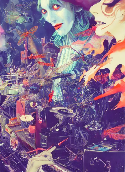 Image similar to surreal gouache painting, by yoshitaka amano, by ruan jia, by Conrad roset, by good smile company, Noel Fielding surrounded by magical dragonflies and a big DJ Mixer, deck, portrait, cgsociety, artstation, rococo mechanical and Digital and electronic, dieselpunk atmosphere