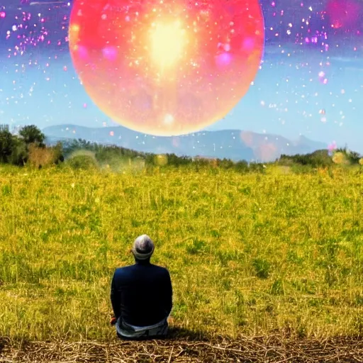 Image similar to a man in a field looking at multiverse bubbles in the sky