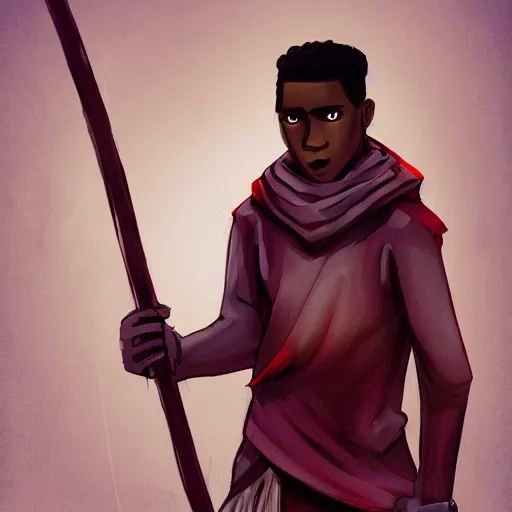Image similar to character concept art of a young man with dark skin wearing a crimson red scarf and holding a lantern on a long stick, post apocalyptic clothing, character design
