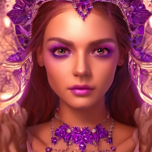 Image similar to portrait princess of amethyst, glowing, ornate and intricate purple jewelry, jaw dropping beauty, glowing background lighting, purple accent lighting, hyper detailed, fairy tale, 4 k octane render