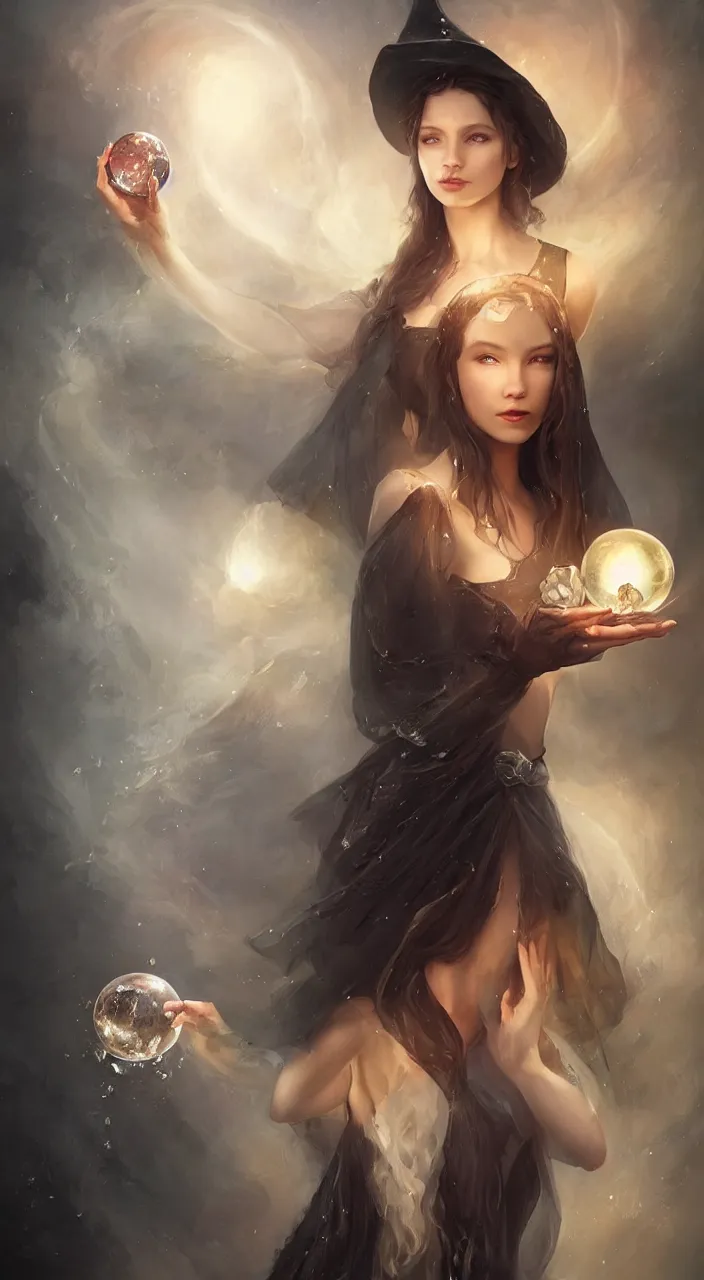 Image similar to a beautiful young witch with a crystal ball, painted by artgerm and tom bagshaw, fantasy art, dramatic lighting, highly detailed oil painting, volumetric lighting