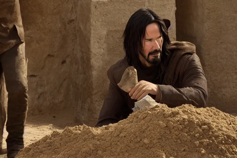 Image similar to film still of keanu reeves wearing an archaeological outfit sifting material at an ancient egyptian archaeological digsite