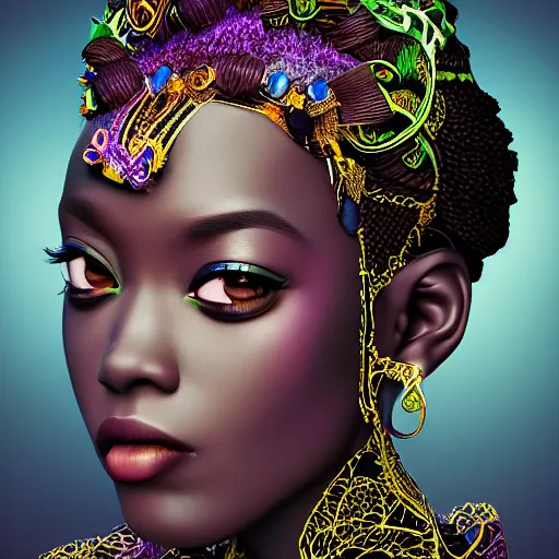 Image similar to professional photograph portrait of African Elvin fantasy princess, intricate complexity, manga styling, intricate complexity, subsurface scatter, drum scanner, 8k render