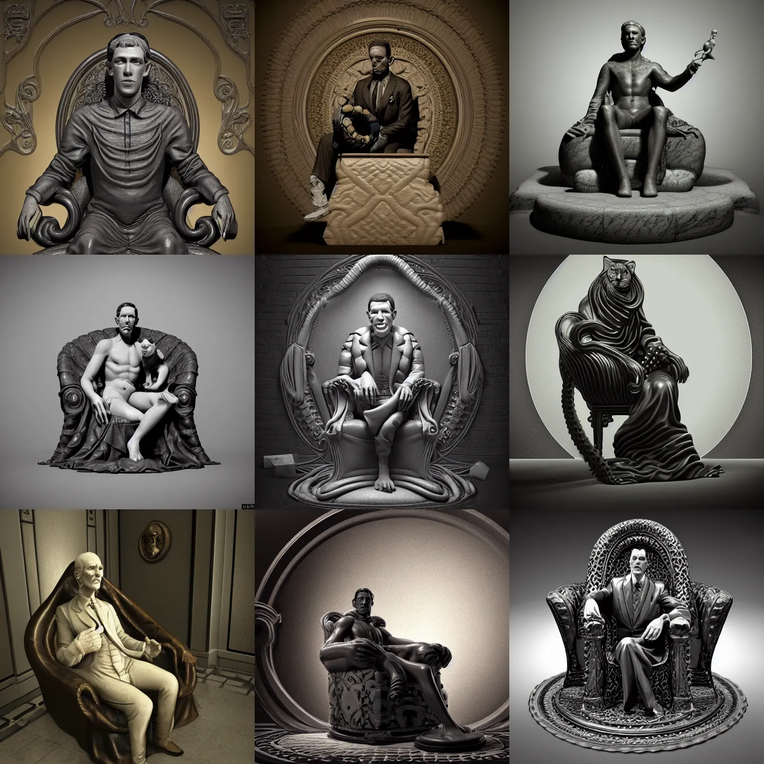 Prompt: isometric view huge and very detail marble statue - howard phillips lovecraft hold the cat on the lap, man dressed suit sit in tall leather armchair, tentacle as big circle around chair, and wall darkness, cast iron material, black background, octane render, forelight, highly detailed intricate matte sharp focus digital painting artstation pixiv