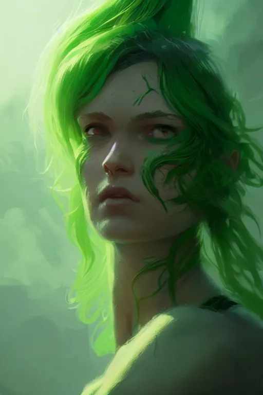 Image similar to character art by greg rutkowski, young woman, green hair, green skin, nature powers, 4 k, arstation, trending