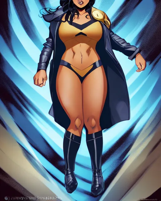 Prompt: thick chubby tan - skinned filipina superhero, long black trench coat, sly grin, fully clothed, exaggerated perspective, flying toward camera, beautiful detailed face, bright blue hair, action pose, comic book style, highly detailed, dynamic shadows, dynamic lighting, geoff johns, jason fabok, jason fabok, brad anderson, splash art