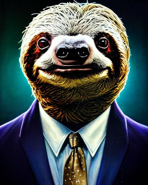 Image similar to hyperrealistic mixed media painting of a sloth wearing a suit and tie, dimly lit dive bar, stunning 3d render inspired art by P. Craig Russell and Barry Windsor-Smith + perfect facial symmetry + dim volumetric lighting, 8k octane beautifully detailed render, post-processing, extremely hyperdetailed, intricate, epic composition, grim yet sparkling atmosphere, cinematic lighting + masterpiece, trending on artstation, very very detailed, masterpiece, stunning