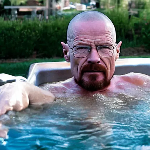 Prompt: photo of walter white relaxing in hot tub drinking beer