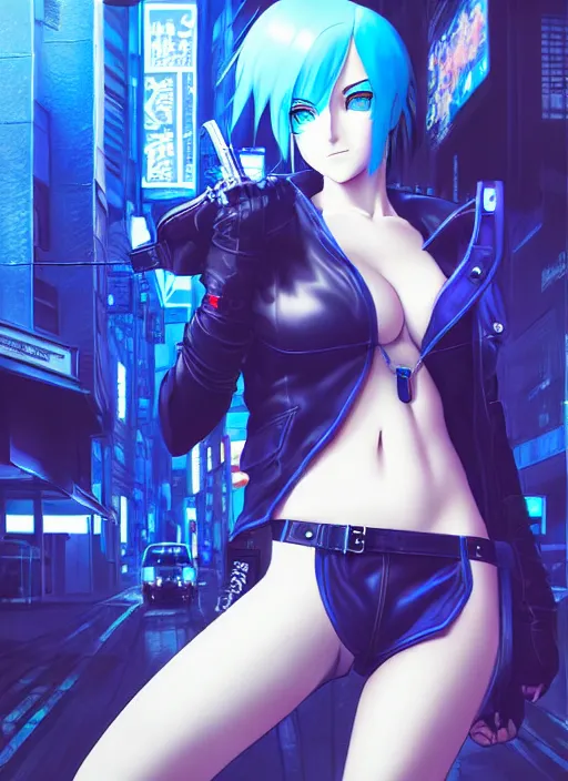 Image similar to hyper realistic photograph portrait of cyberpunk pretty girl with blue hair, beautiful blue eyes, wearing a full leather outfit, holding a whip, in city street at night, by makoto shinkai, ilya kuvshinov