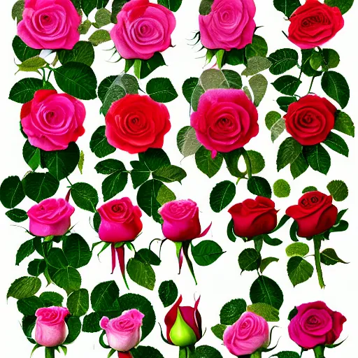 Image similar to various kinds of separate rose petals, botanical illustration, white background, 8 k